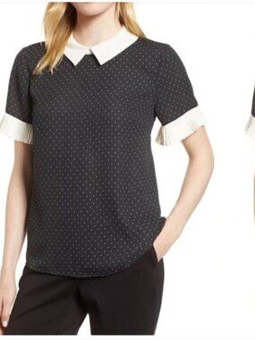 CeCe Blouse Women's XL Black Ivory Polka Dot Collared Pleated Ruffle Sleeve
